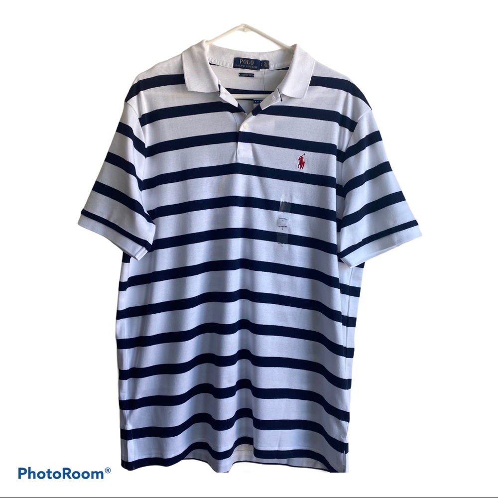 Polo Ralph Lauren Short Sleeve White with Navy Blue Stripe Button Up Shirt